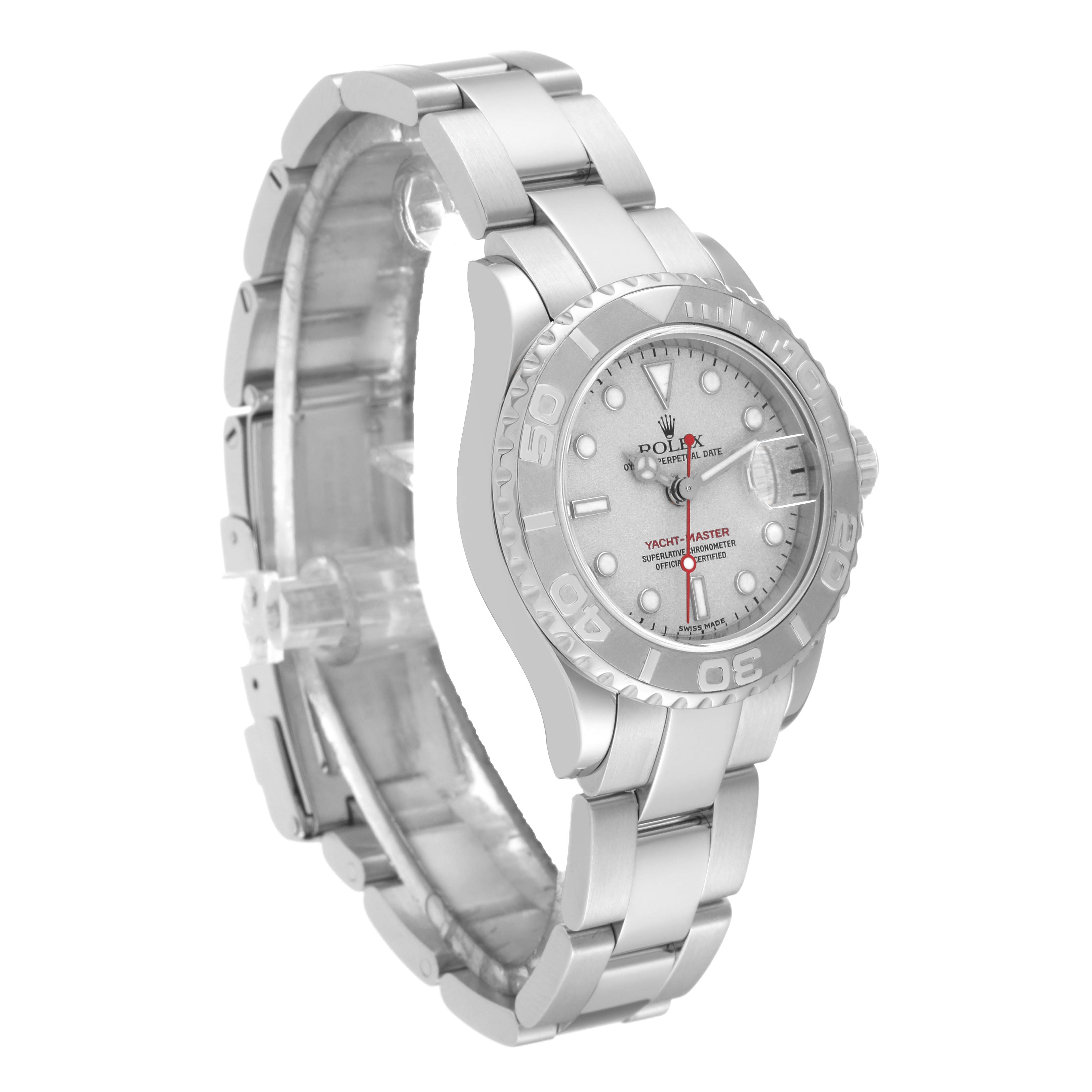 This is a side and front view of the Rolex Yacht-Master 169622 Women's Stainless Steel Silver Dial 169622 Women's Stainless Steel Silver Dial watch, showing the bracelet, bezel, and dial.