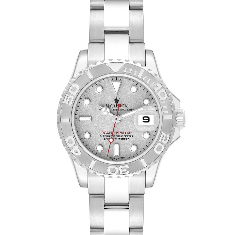 The Rolex Yacht-Master 169622 Women's Stainless Steel Silver Dial 169622 Women's Stainless Steel Silver Dial watch is shown from a front angle, highlighting its face, bezel, crown, and bracelet.
