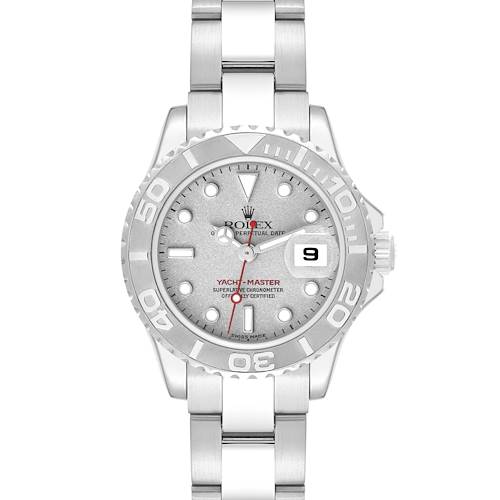 This image shows a front view of the Rolex Yacht-Master 169622 Women's Stainless Steel Silver Dial 169622 Women's Stainless Steel Silver Dial watch, highlighting the dial, bezel, bracelet, and date window.