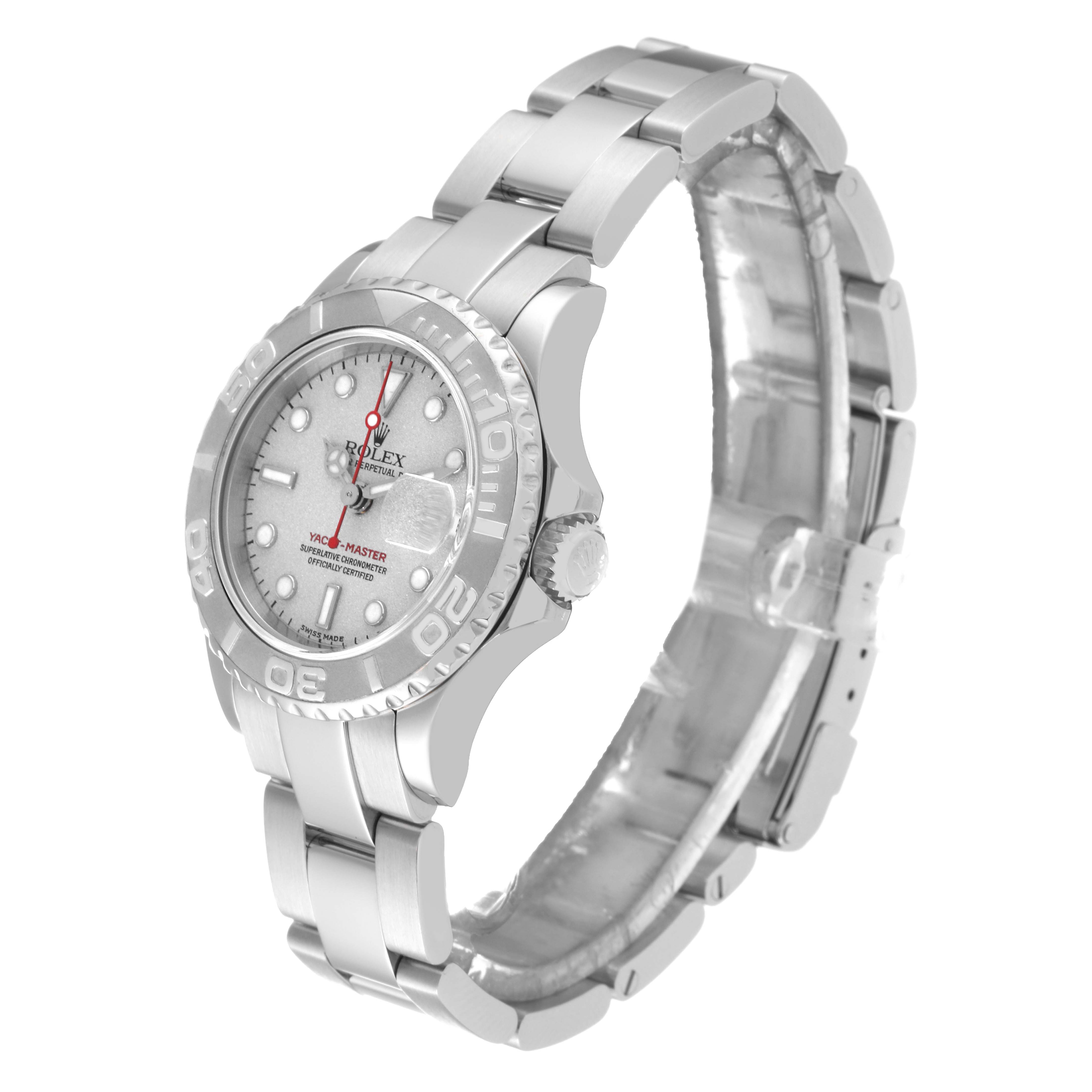 This image shows the Rolex Yacht-Master 169622 Women's Stainless Steel Silver Dial 169622 Women's Stainless Steel Silver Dial watch from an angled side view, highlighting the dial, bezel, and part of the bracelet.