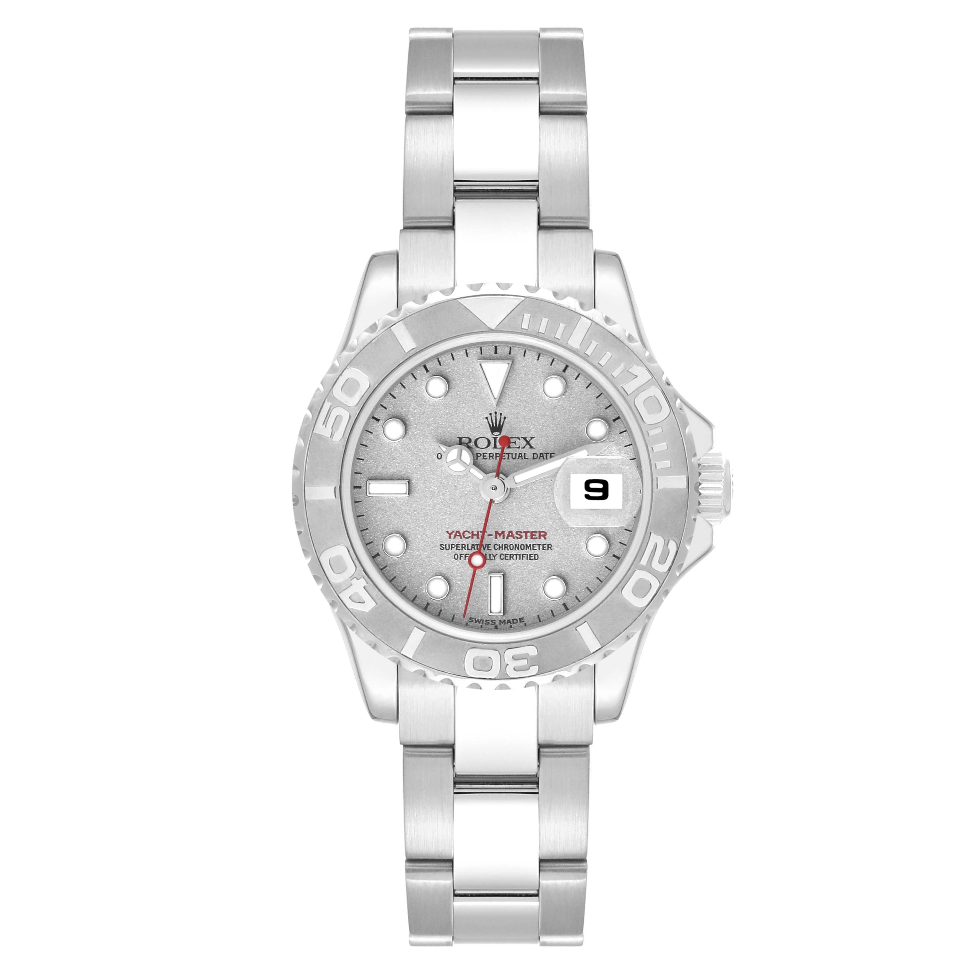 The image shows a front view of a Rolex Yacht-Master 169622 Women's Stainless Steel Silver Dial 169622 Women's Stainless Steel Silver Dial watch, displaying the dial, bezel, and part of the bracelet.