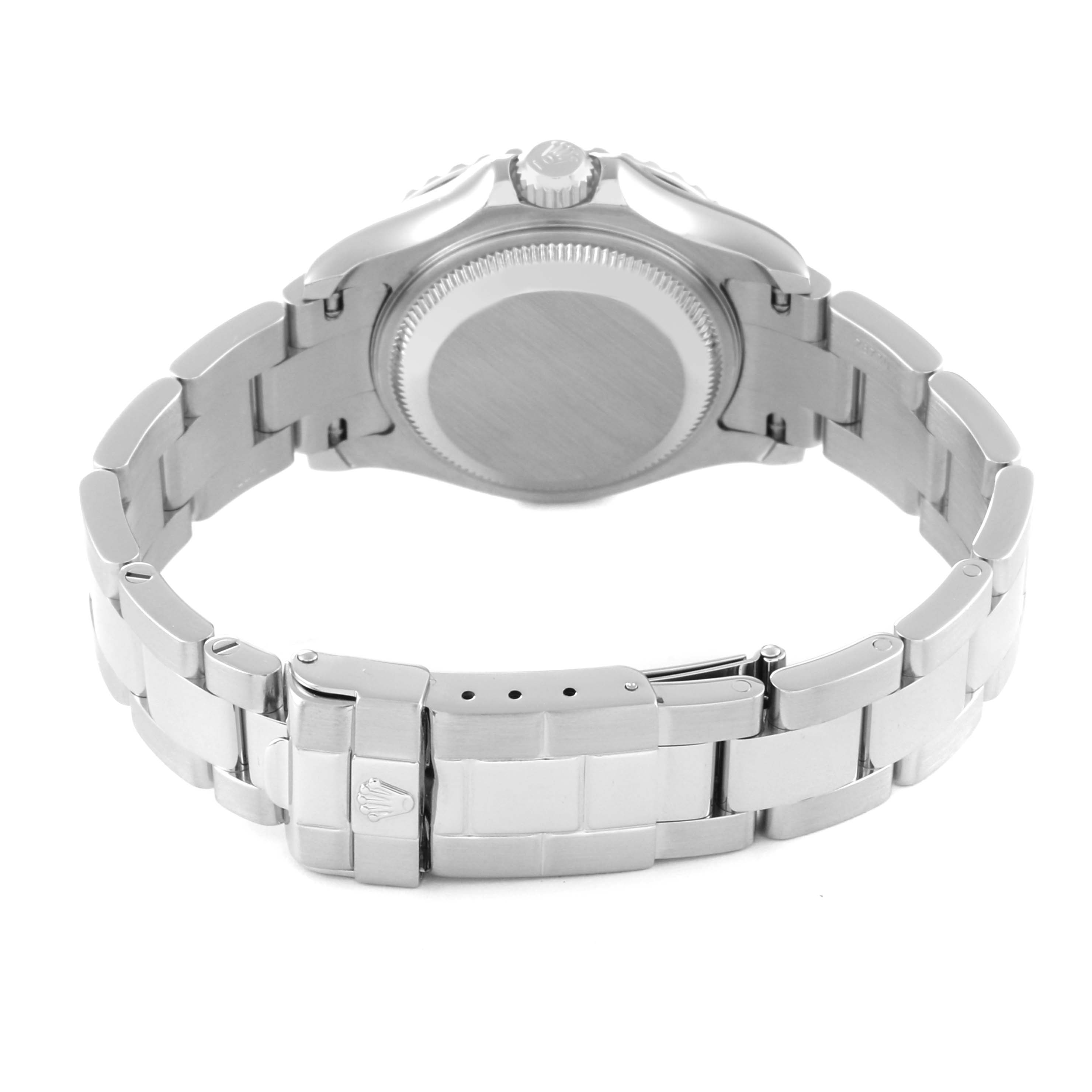 This image shows the rear side of the Rolex Yacht-Master 169622 Women's Stainless Steel Silver Dial 169622 Women's Stainless Steel Silver Dial watch, highlighting the case back and the bracelet with the clasp.