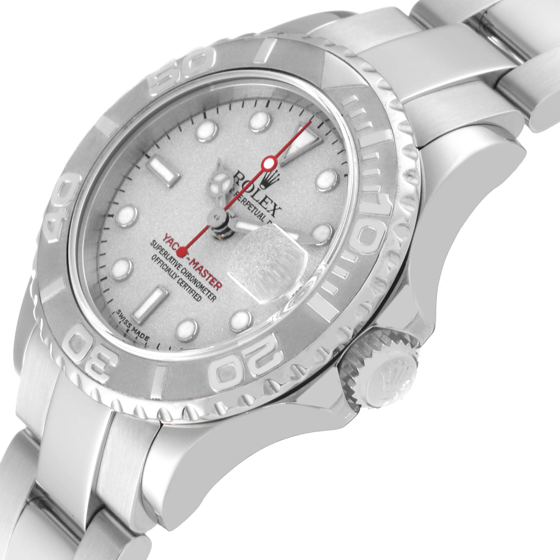 This image shows the Rolex Yacht-Master 169622 Women's Stainless Steel Silver Dial 169622 Women's Stainless Steel Silver Dial watch from a front-side angle, highlighting the dial, bezel, and crown.