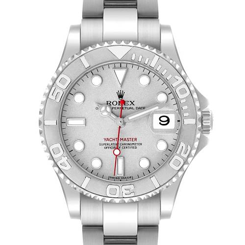 The Rolex Yacht-Master 168622 Men's Stainless Steel Silver Dial 168622 Men's Stainless Steel Silver Dial watch is shown from a front angle, highlighting its dial, bezel, and bracelet.