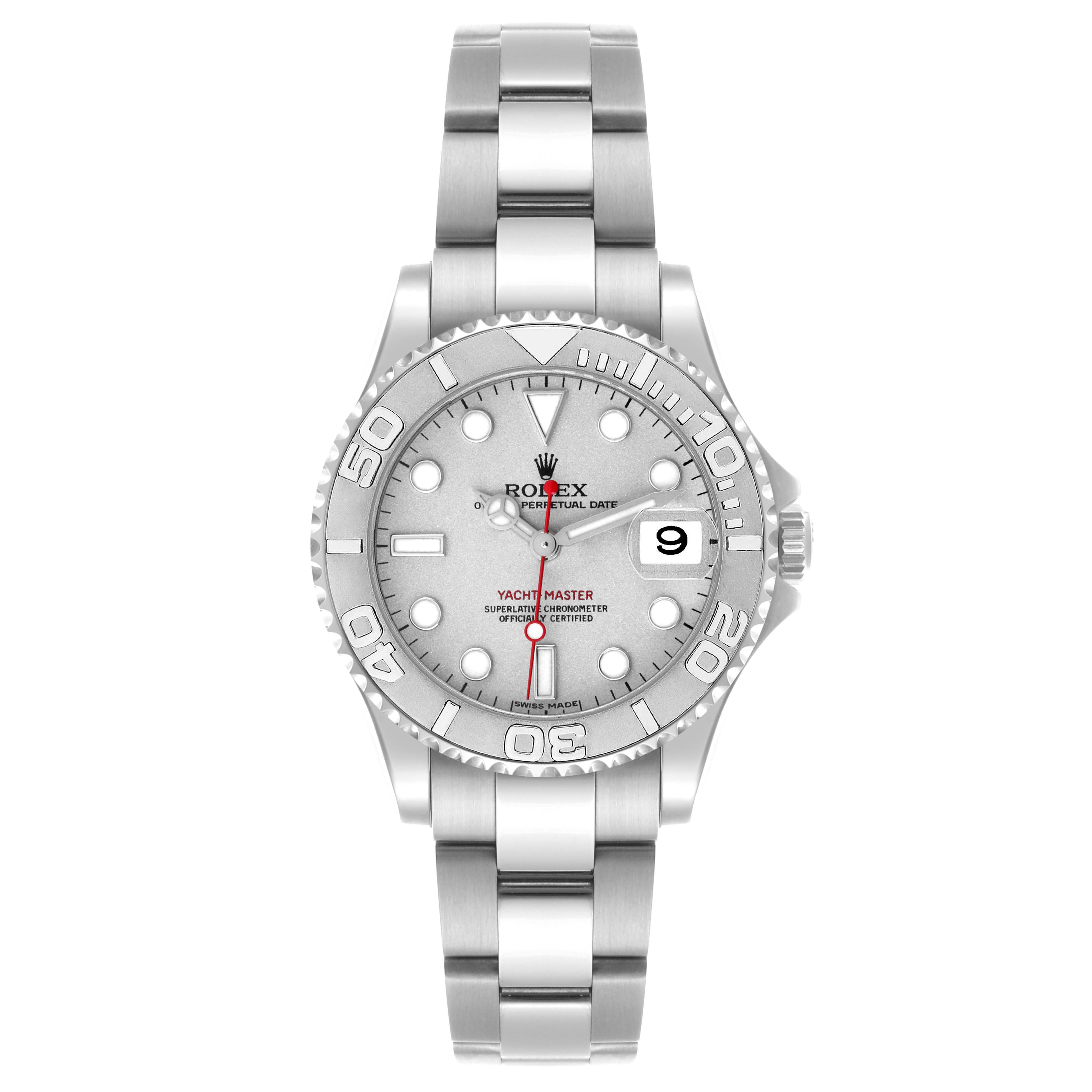 The Rolex Yacht-Master 168622 Men's Stainless Steel Silver Dial 168622 Men's Stainless Steel Silver Dial watch is shown from the front, highlighting the dial, bezel, and bracelet.