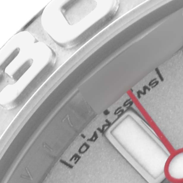 The image shows a close-up of a Rolex Yacht-Master 168622 Men's Stainless Steel Silver Dial 168622 Men's Stainless Steel Silver Dial, focusing on part of the bezel, dial, and part of the date.