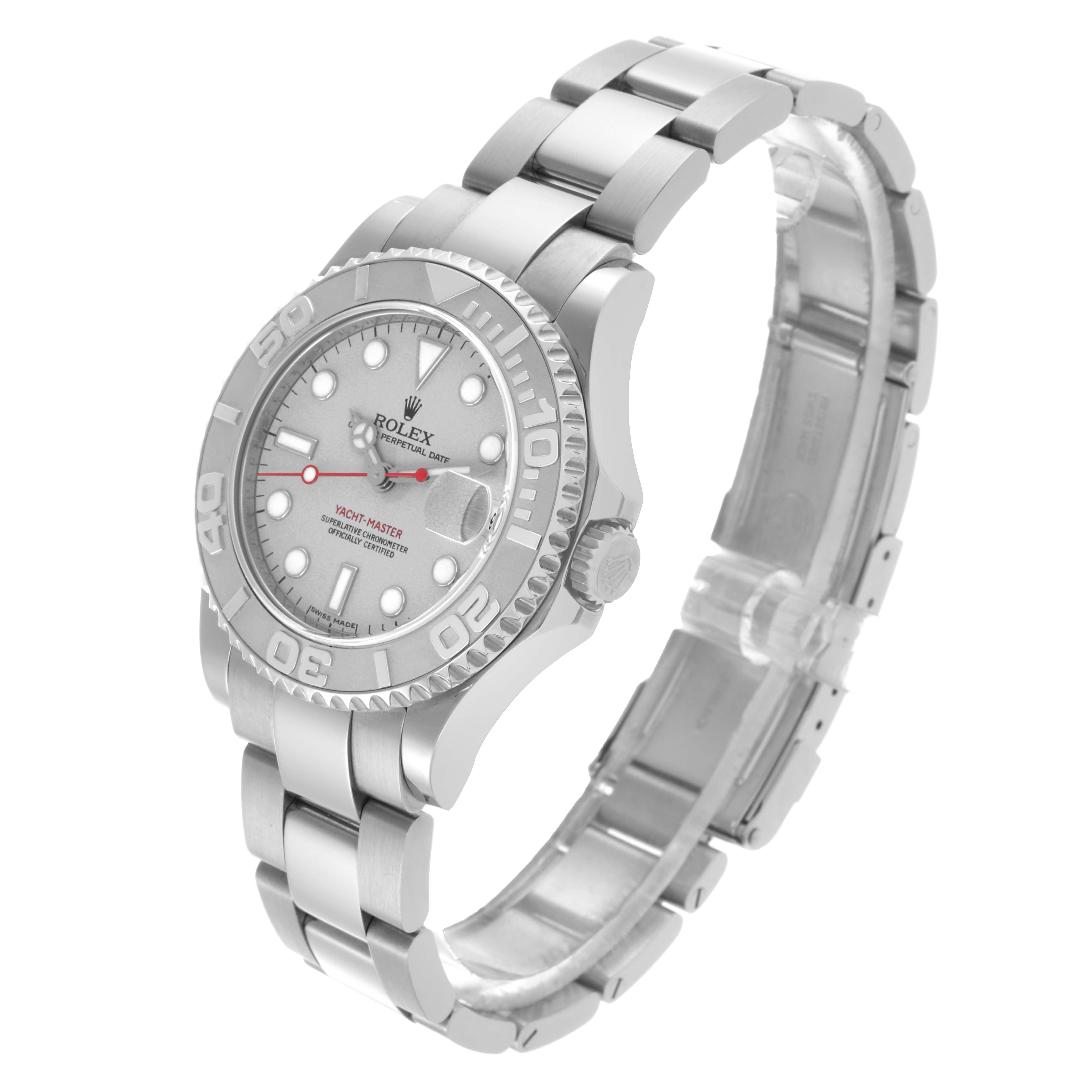 The Rolex Yacht-Master 168622 Men's Stainless Steel Silver Dial 168622 Men's Stainless Steel Silver Dial watch is shown at a three-quarter angle, highlighting the bezel, dial, bracelet, and crown.