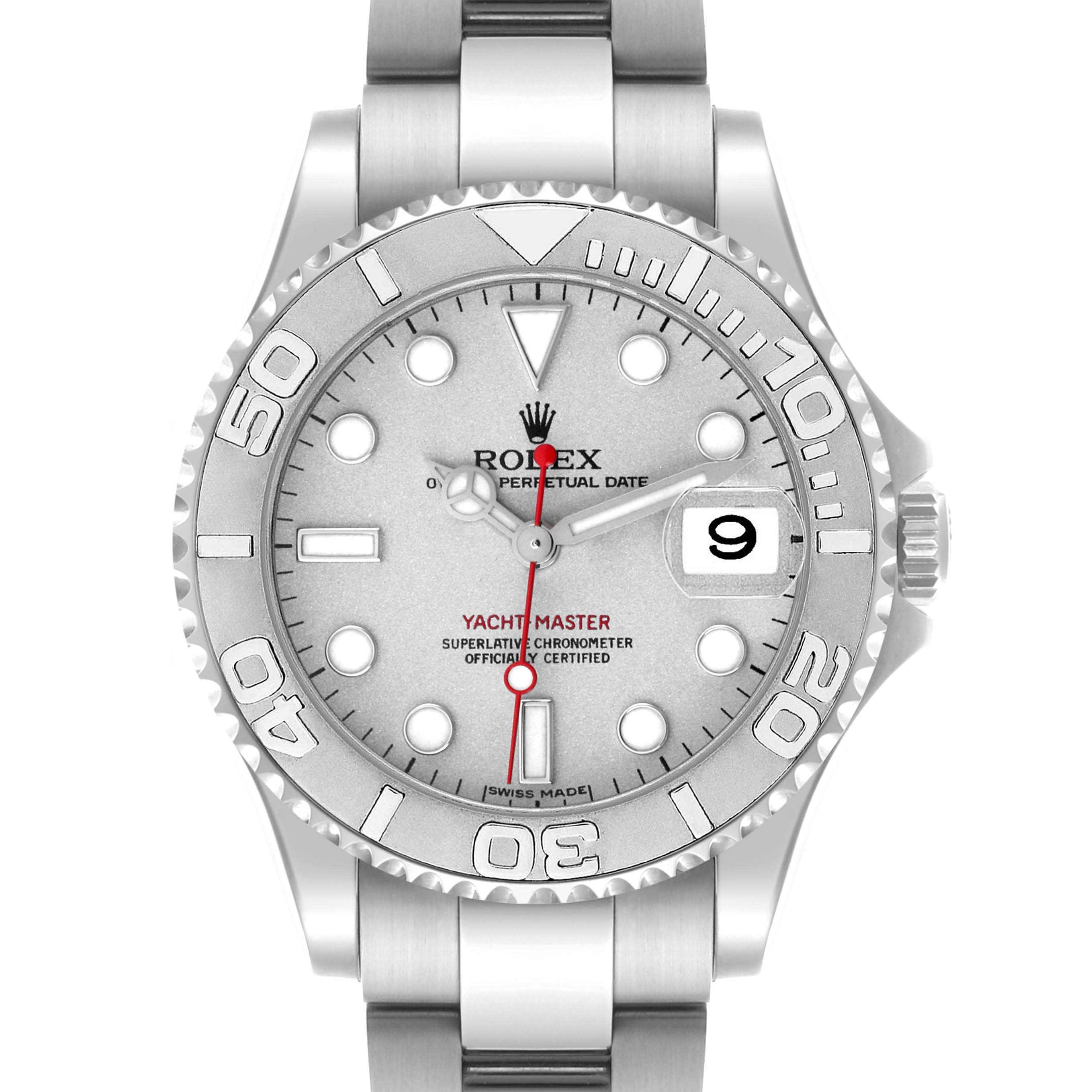 The Rolex Yacht-Master 168622 Men's Stainless Steel Silver Dial 168622 Men's Stainless Steel Silver Dial watch is shown from a front angle displaying its dial, bezel, and bracelet.