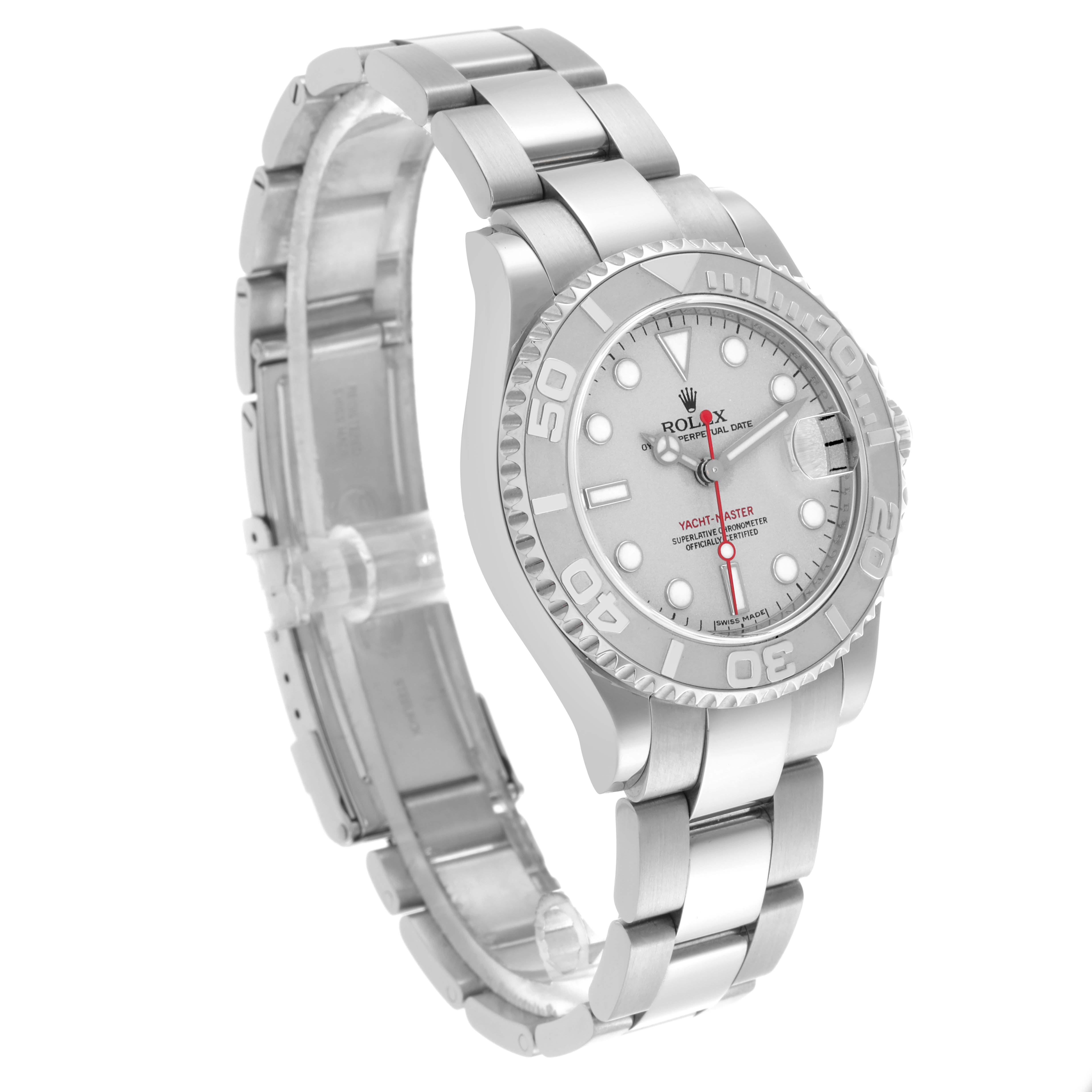 The Rolex Yacht-Master 168622 Men's Stainless Steel Silver Dial 168622 Men's Stainless Steel Silver Dial watch is shown at a three-quarter angle, displaying the face, bezel, and bracelet clearly.
