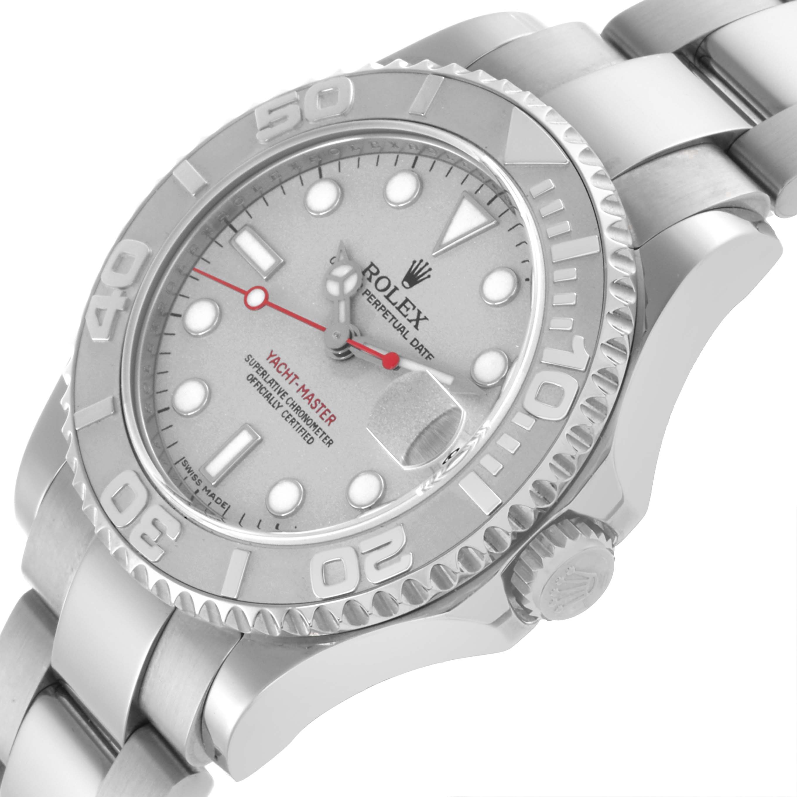 The Rolex Yacht-Master 168622 Men's Stainless Steel Silver Dial 168622 Men's Stainless Steel Silver Dial watch is shown at an angle displaying the face, bezel, crown, and part of the bracelet.