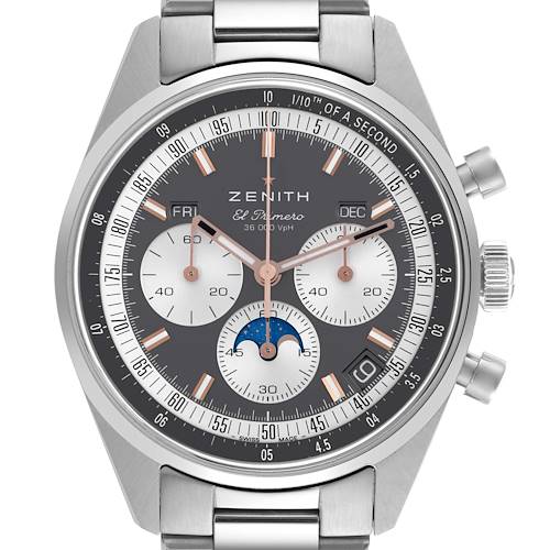 The Zenith Chronomaster 03.3400.3610/39.M3200 Men's Stainless Steel Grey Dial 03.3400.3610/39.M3200 Men's Stainless Steel Grey Dial watch is shown from the front, displaying the dial, subdials, and pushers clearly.