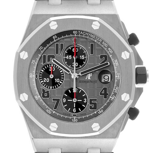 The image shows a front view of the Audemars Piguet Royal Oak Offshore 26170TI.OO.1000TI.01 Men's Titanium Grey Dial 26170TI.OO.1000TI.01 Men's Titanium Grey Dial watch, highlighting the dial, tachymeter, and chronograph sub-dials.