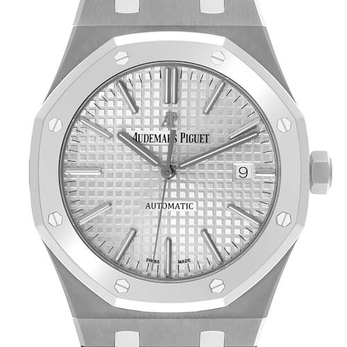 The image shows a frontal view of the Audemars Piguet Royal Oak 15403IP.OO.1220IP.01 Men's Platinum Silver Dial 15403IP.OO.1220IP.01 Men's Platinum Silver Dial, highlighting the dial, bezel, hands, and crown.