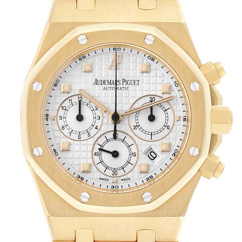 The Audemars Piguet Royal Oak 25960BA.OO.1185BA.01 Men's Yellow Gold White Dial 25960BA.OO.1185BA.01 Men's Yellow Gold White Dial watch is shown from the front, highlighting the dial, bezel, and pushers.