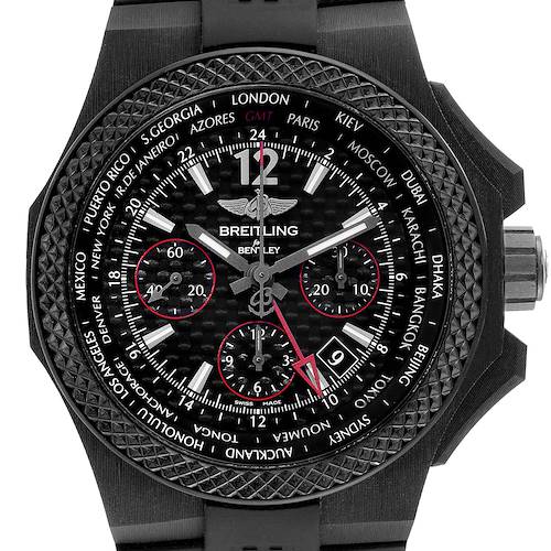 The image shows a top view of the Breitling Bentley NB0434E5/BE94 Men's Ceramic Black Dial NB0434E5/BE94 Men's Ceramic Black Dial watch face, detailing its dials, hour markers, and bezel.