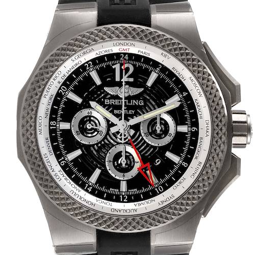 The image shows a frontal view of the Breitling Bentley EB0432 Men's Titanium Transparent Dial EB0432 Men's Titanium Transparent Dial watch, highlighting its dial, bezel, and chronograph features.