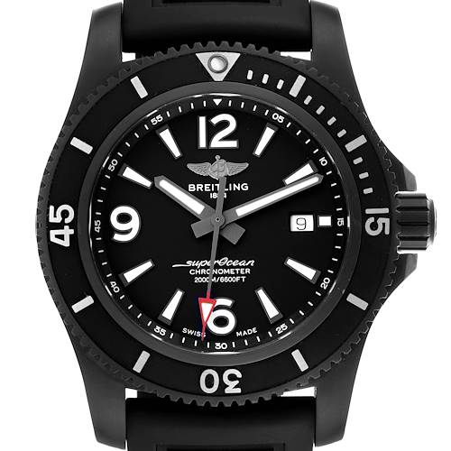 The Breitling Superocean M17368 Men's Stainless Steel Black Dial M17368 Men's Stainless Steel Black Dial watch is shown from the front, highlighting the dial, bezel, hands, and strap.