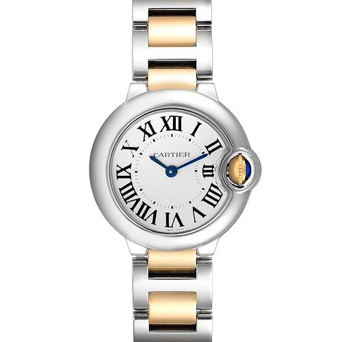 This image shows a front view of a Cartier Ballon Bleu W69007Z3 Women's Steel and Gold (two tone) Silver Dial W69007Z3 Women's Steel and Gold (two tone) Silver Dial watch, highlighting its face, dial, and two-tone bracelet.