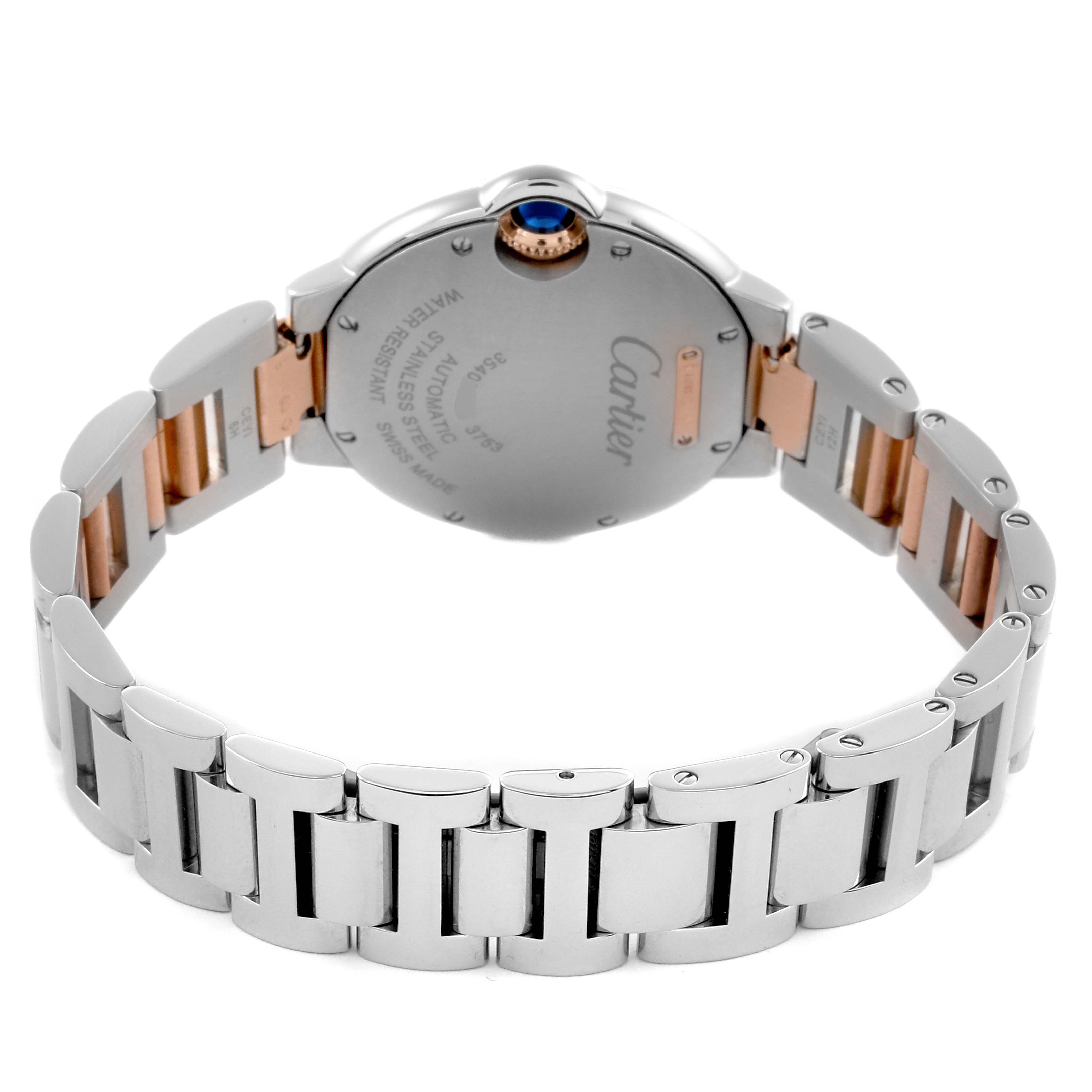 The image shows the back view of a Cartier Ballon Bleu WE902077 Women's Steel and Gold (two tone) Silver Dial WE902077 Women's Steel and Gold (two tone) Silver Dial watch, highlighting its bracelet and case back.