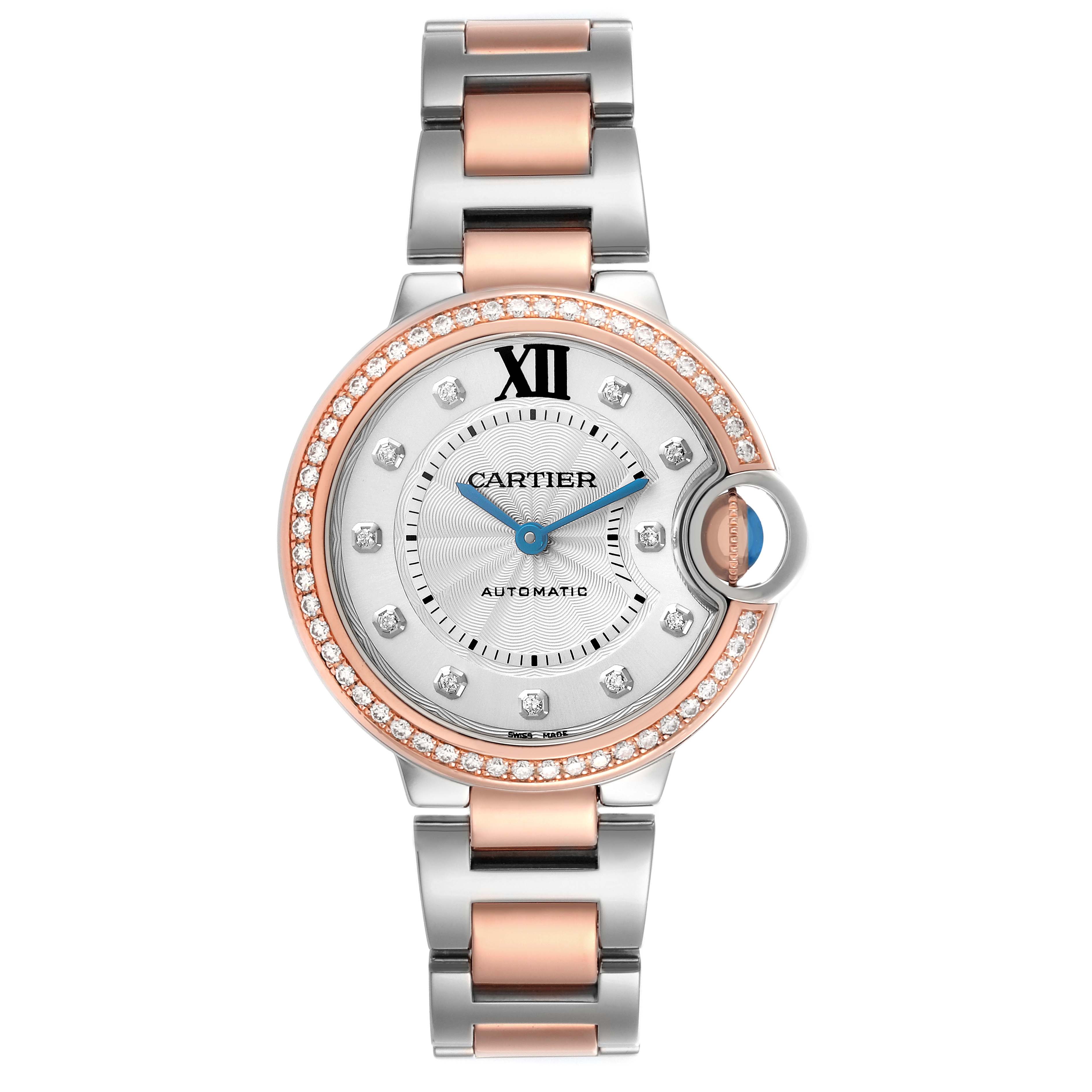 The Ballon Bleu by Cartier is shown from a top-down angle featuring its face, bezel, hands, and bracelet.