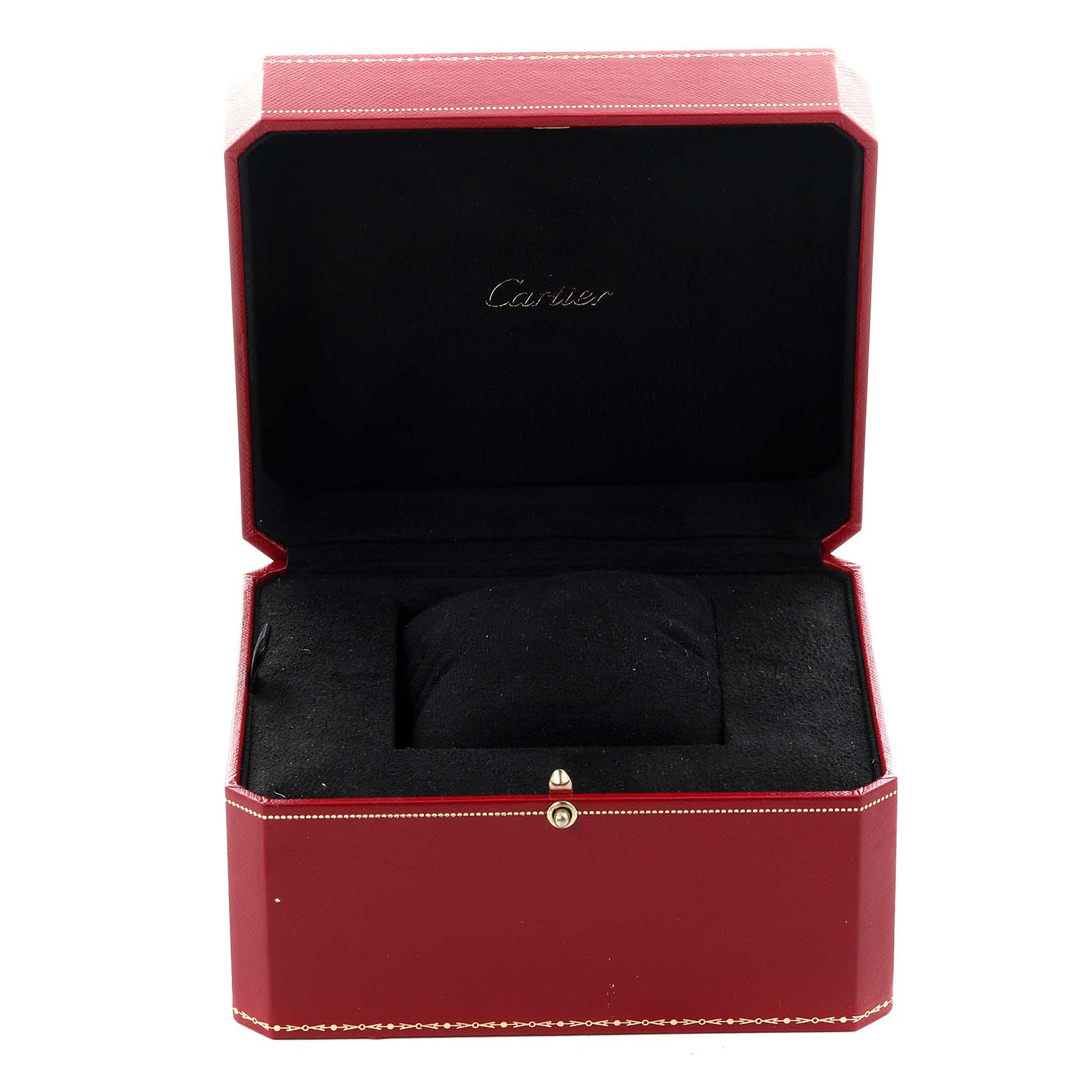 The image shows an open Cartier watch box for a Ballon Bleu model, with a cushion inside.