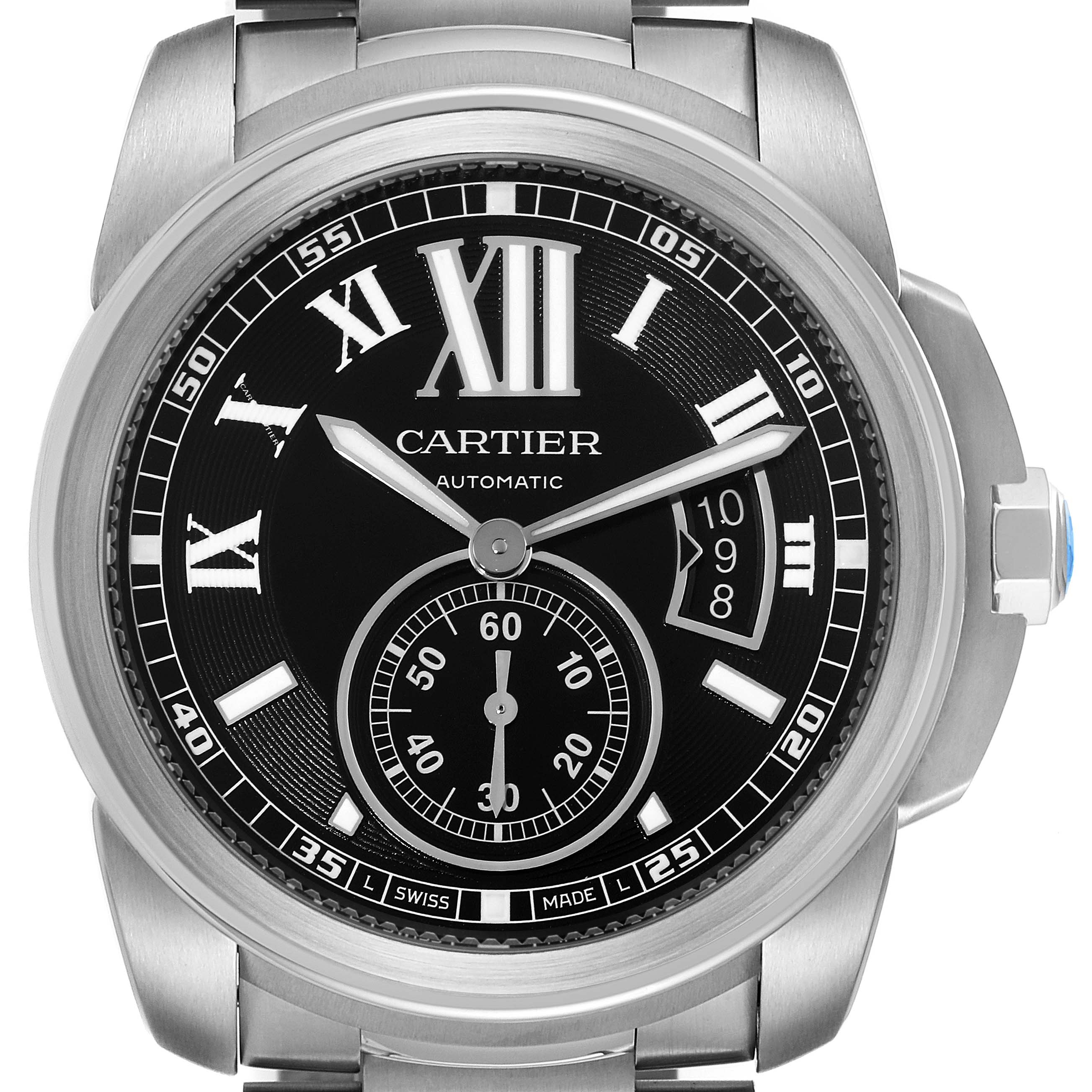 This image shows a front view of a Calibre de Cartier model by Cartier, highlighting the dial and bracelet.