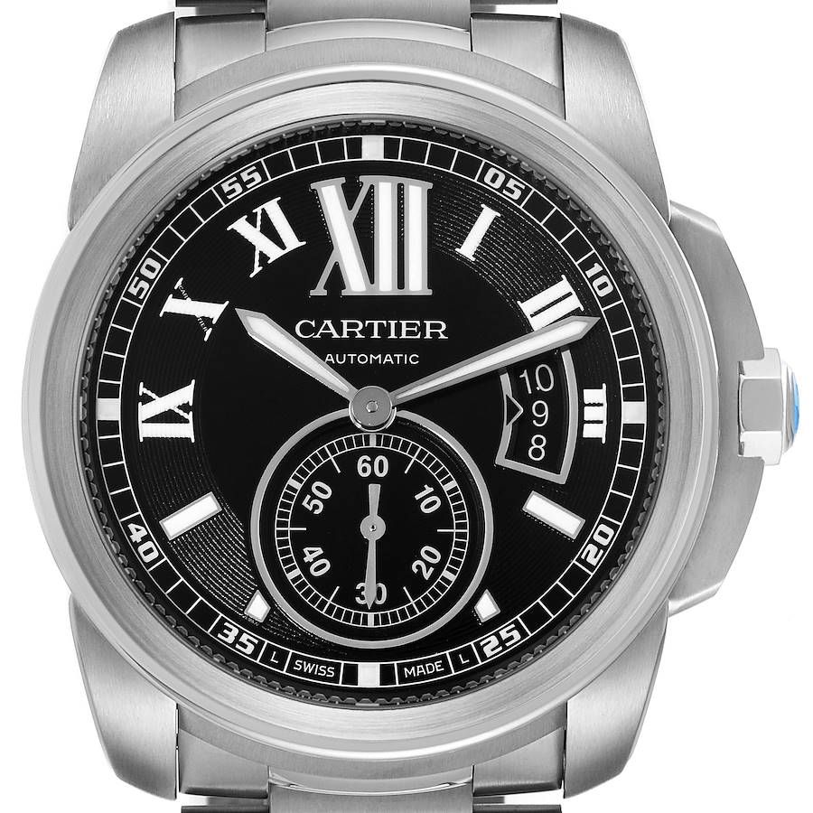 This image shows a front view of a Calibre de Cartier model by Cartier, highlighting the dial and bracelet.