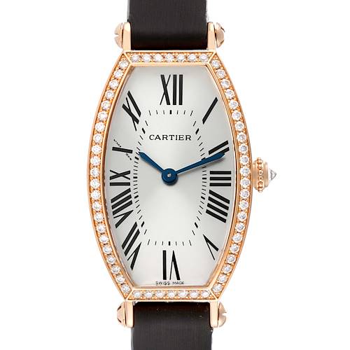 This image shows a front view of a Cartier Tonneau WE400331 Women's Rose Gold Silver Dial WE400331 Women's Rose Gold Silver Dial watch with a diamond-encrusted bezel and a black strap.