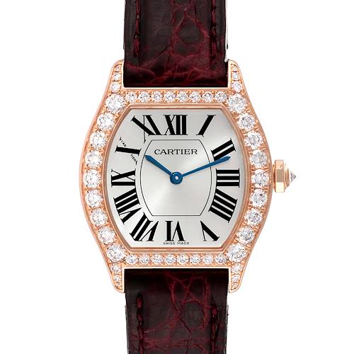 The image shows the front view of the Cartier Tortue WA507031 Women's Rose Gold Silver Dial WA507031 Women's Rose Gold Silver Dial watch, displaying its dial, case, bezel, and strap.