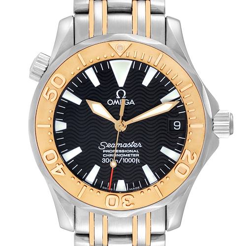 The image shows a front view of the Omega Seamaster 2453.50.00 Men's Steel and Gold (two tone) Black Dial 2453.50.00 Men's Steel and Gold (two tone) Black Dial watch, highlighting the dial, bezel, crown, and part of the bracelet.