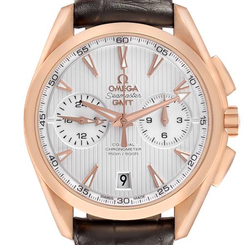 The Omega Aqua Terra 231.53.43.22.02.001 Men's Rose Gold Silver Dial 231.53.43.22.02.001 Men's Rose Gold Silver Dial watch is shown from the front, highlighting its dial, hands, subdials, and crown.