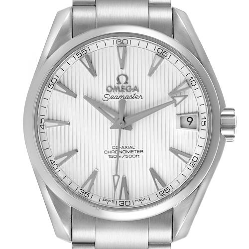 The Omega Aqua Terra 231.10.39.21.02.001 Men's Stainless Steel Silver Dial 231.10.39.21.02.001 Men's Stainless Steel Silver Dial watch is shown from a front view, highlighting the dial, hands, markers, and date window.