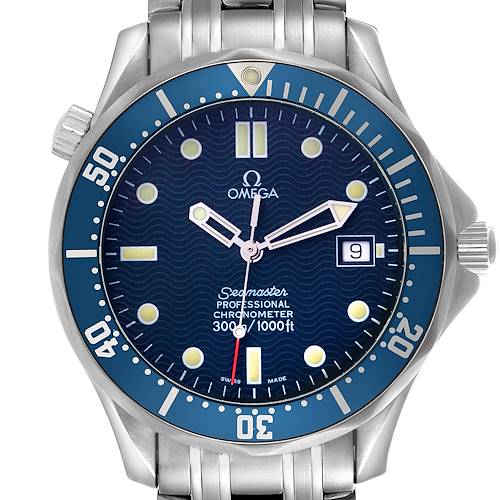 The Omega Seamaster 2531.80.00 Men's Stainless Steel Blue Dial 2531.80.00 Men's Stainless Steel Blue Dial watch is shown from a frontal angle, highlighting its face, bezel, crown, and bracelet.