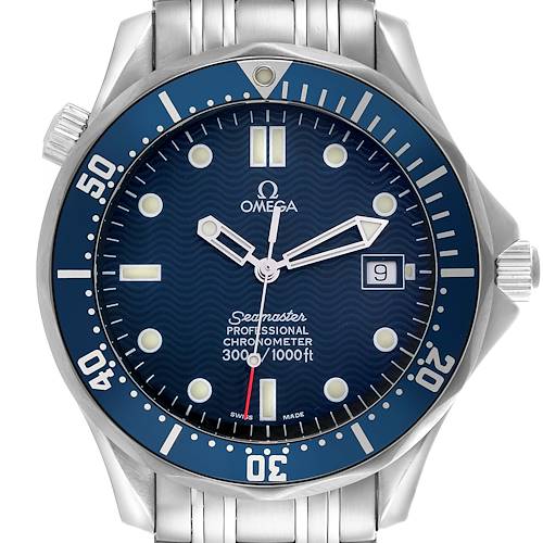 The Omega Seamaster 2531.80.00 Men's Stainless Steel Blue Dial 2531.80.00 Men's Stainless Steel Blue Dial watch is shown from the front, highlighting the dial, bezel, and part of the bracelet.