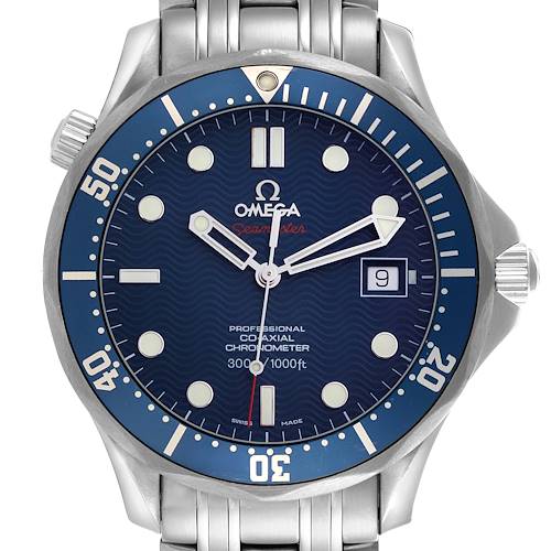 The image shows a front view of the Omega Seamaster 2220.80.00 Men's Stainless Steel Blue Dial 2220.80.00 Men's Stainless Steel Blue Dial watch, highlighting the dial, bezel, and part of the bracelet.
