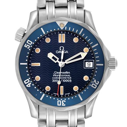 The Omega Seamaster 2551.80.00 Men's Stainless Steel Blue Dial 2551.80.00 Men's Stainless Steel Blue Dial watch is shown from a straight-on angle, highlighting the bezel, face, and part of the stainless steel bracelet.