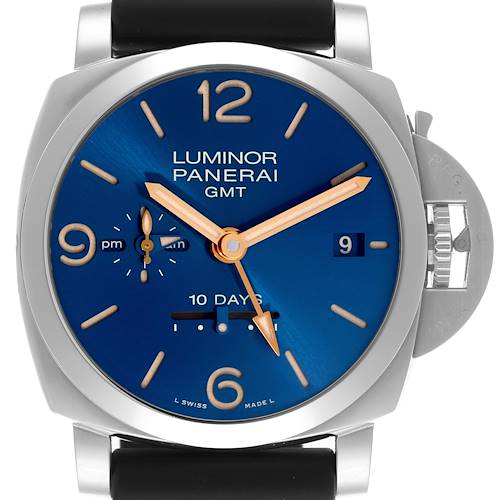 The Panerai Luminor PAM00689 Men's Stainless Steel Blue Dial PAM00689 Men's Stainless Steel Blue Dial watch is shown from a front angle, displaying its blue dial, hour markers, and crown guard.