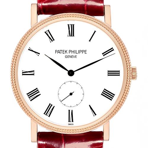 The Patek Philippe Calatrava 5119R-001 Men's Rose Gold White Dial 5119R-001 Men's Rose Gold White Dial watch is shown from the front, featuring the dial, Roman numerals, hands, and a textured bezel.