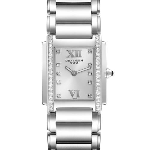 The Patek Philippe Twenty-4 4910/10A-011 Women's Stainless Steel Silver Dial 4910/10A-011 Women's Stainless Steel Silver Dial watch is shown from a top-down angle, displaying its face, rectangular case, and metal bracelet.