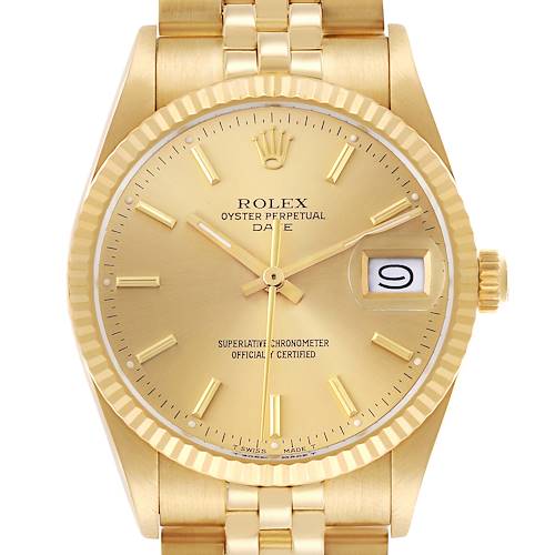 The Rolex Date model watch is shown from a front angle, highlighting the dial, fluted bezel, and part of the bracelet.