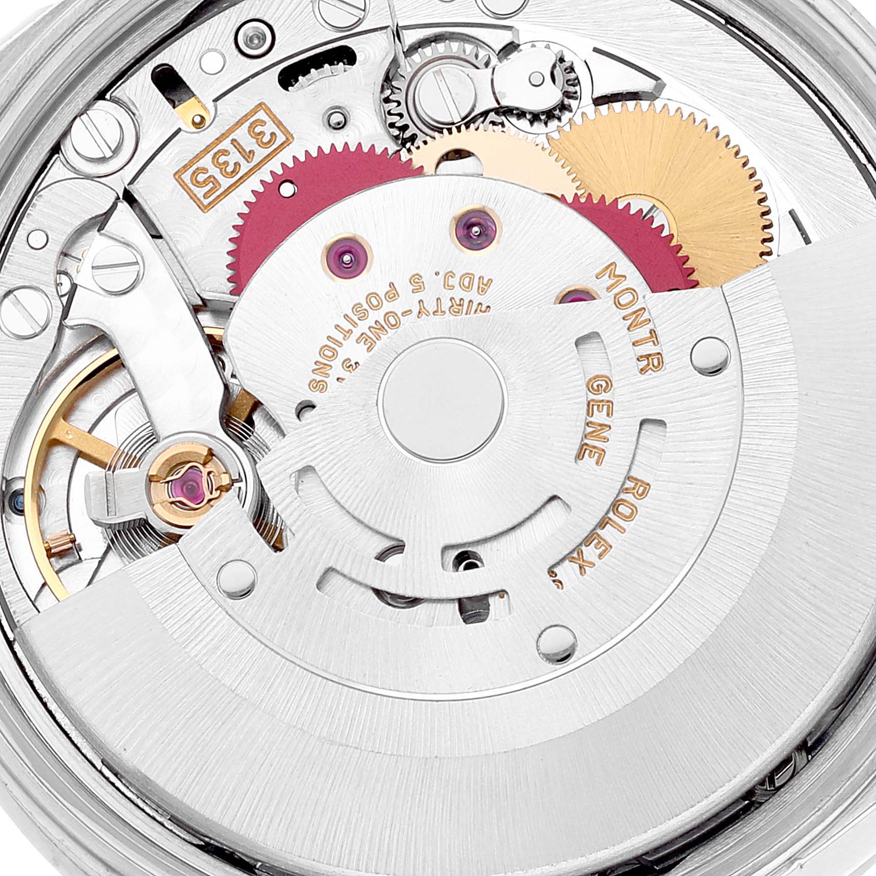The image shows a close-up view of the movement mechanism inside a Rolex Date 15210 Men's Stainless Steel Blue Dial 15210 Men's Stainless Steel Blue Dial model watch.