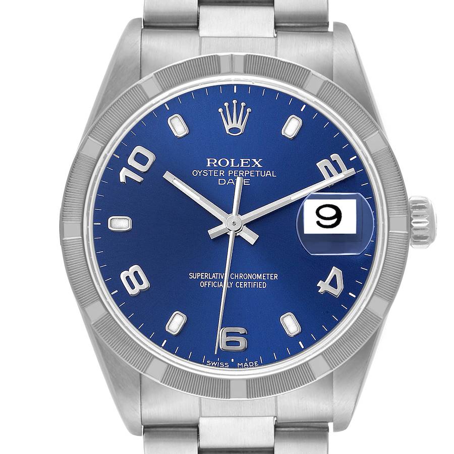 This image shows a front view of a Rolex Oyster Perpetual Date watch, highlighting the dial, hands, bezel, and bracelet.