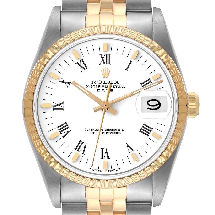 The image shows a front view of a Rolex Date 15223 Men's Steel and Gold (two tone) White Dial 15223 Men's Steel and Gold (two tone) White Dial model watch, highlighting its dial, bezel, hands, and bracelet.
