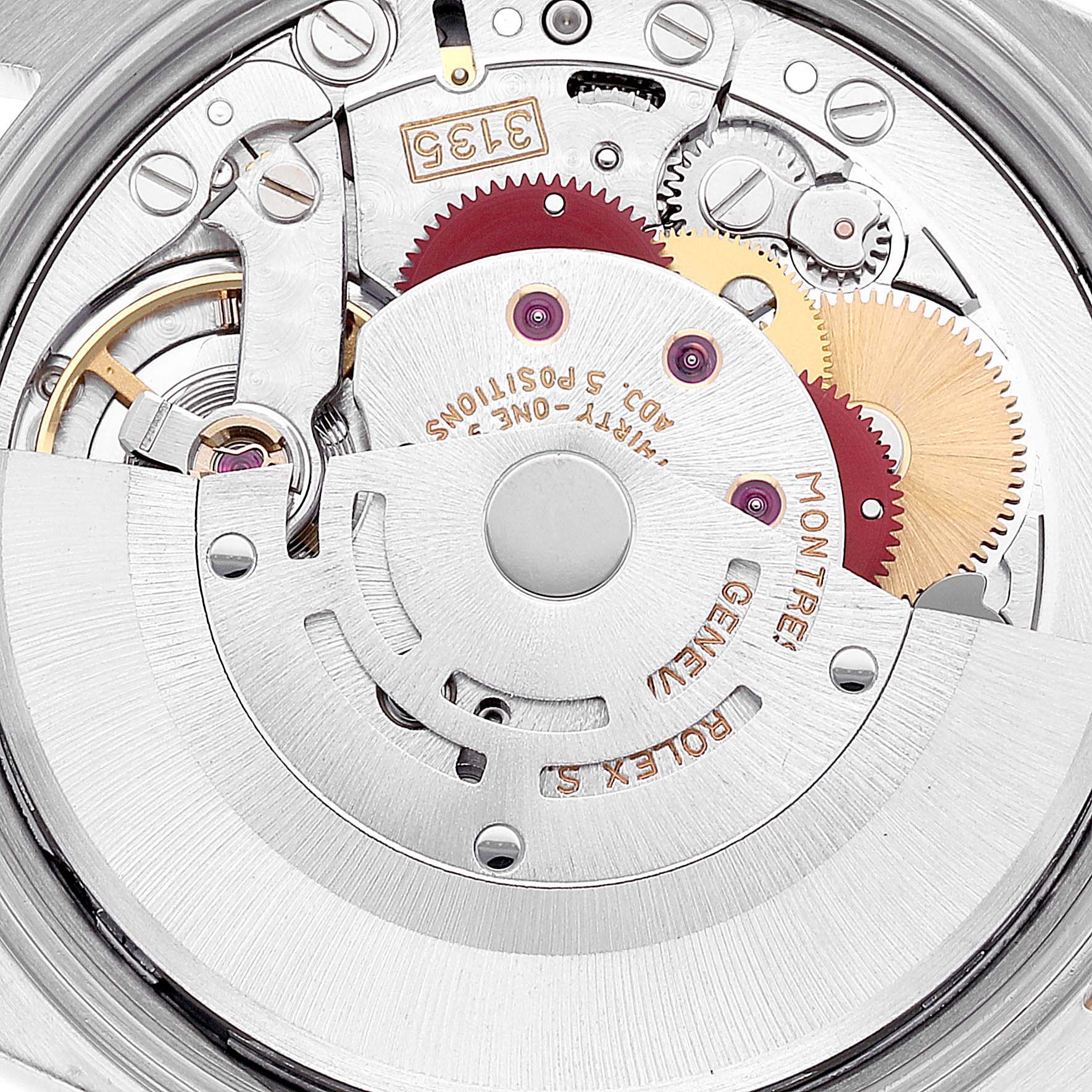 The image shows the detailed movement and gears of a Rolex Date 15223 Men's Steel and Gold (two tone) White Dial 15223 Men's Steel and Gold (two tone) White Dial model watch from a top-down angle.
