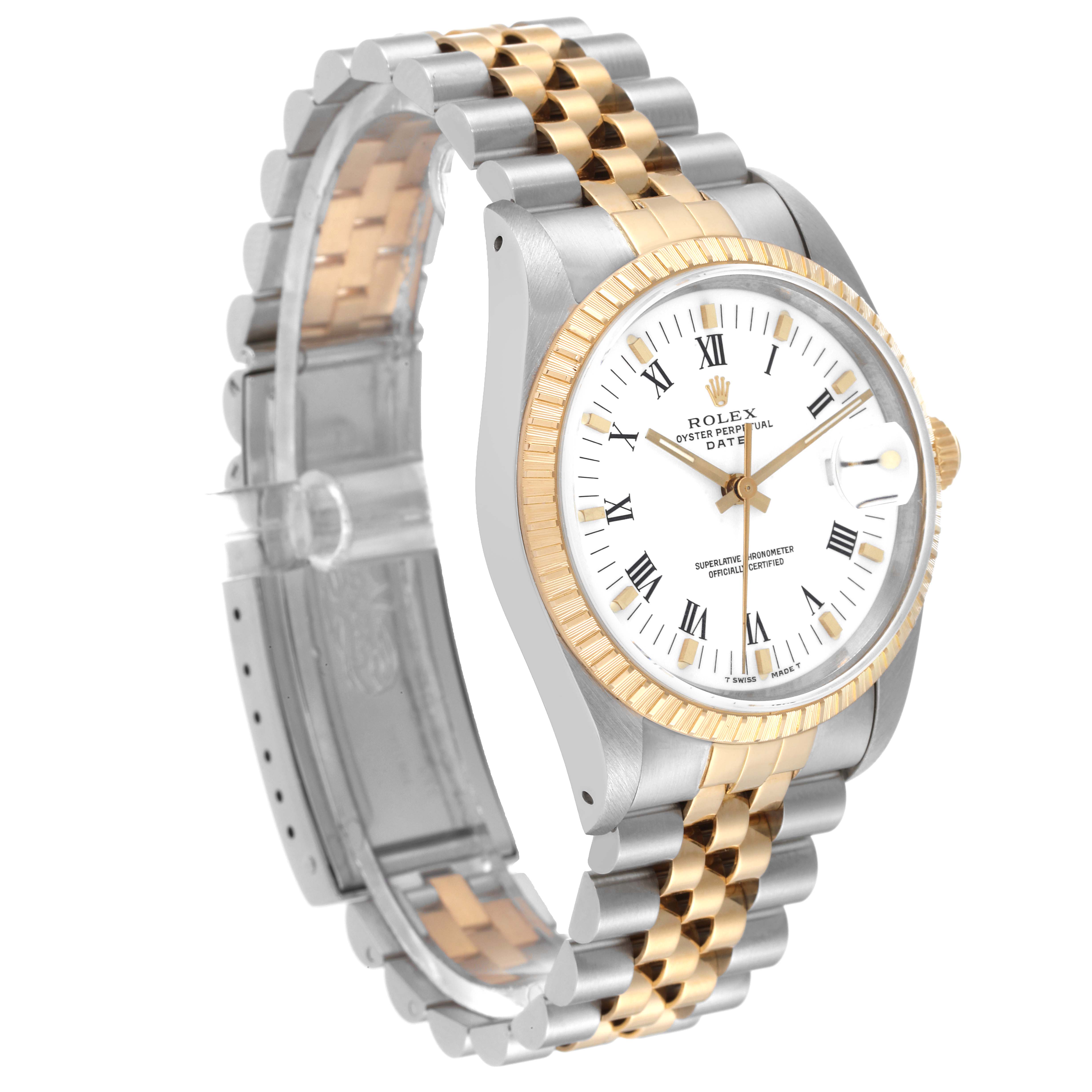 The image shows a side view of a Rolex Date 15223 Men's Steel and Gold (two tone) White Dial 15223 Men's Steel and Gold (two tone) White Dial model, displaying its bracelet, bezel, and dial.