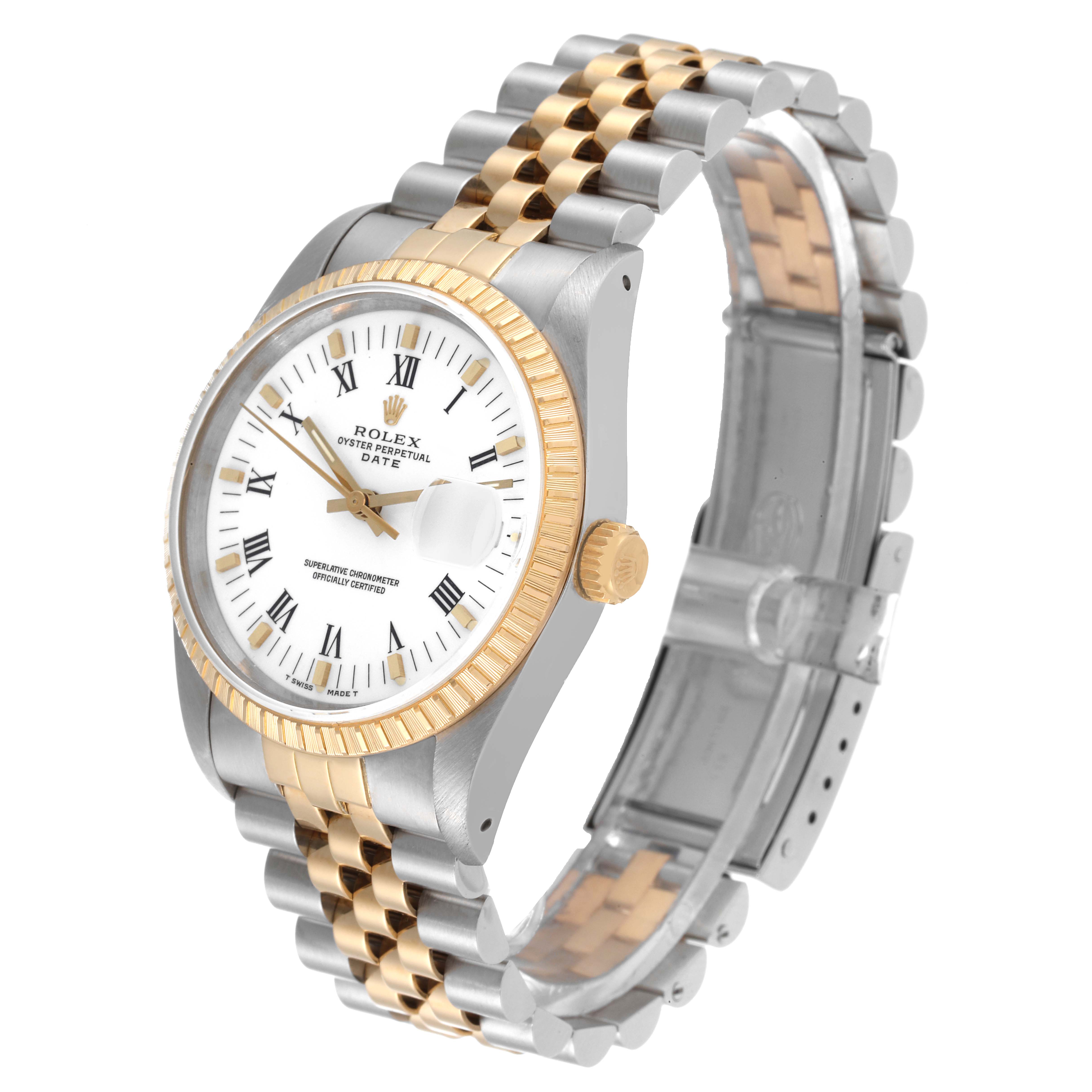This Rolex Date 15223 Men's Steel and Gold (two tone) White Dial 15223 Men's Steel and Gold (two tone) White Dial model watch is captured at a three-quarter angle, showcasing its two-tone bezel, dial, and bracelet in detail.