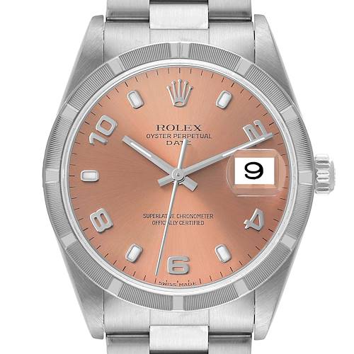 The image shows a front view of the Rolex Date 15210 Men's Stainless Steel Pink Dial 15210 Men's Stainless Steel Pink Dial model watch, highlighting the dial, hands, crown, bracelet, and date window at 3 o'clock.