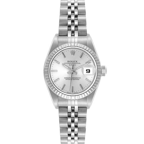 The Rolex Datejust 79174 Women's Stainless Steel Silver Dial 79174 Women's Stainless Steel Silver Dial watch is shown from a front view, displaying the dial, bezel, case, bracelet, and date feature.