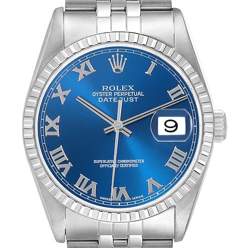 The Rolex Datejust 16220 Men's Stainless Steel Blue Dial 16220 Men's Stainless Steel Blue Dial watch is shown from the front, highlighting the blue dial, Roman numerals, fluted bezel, and Jubilee bracelet.