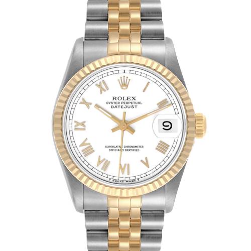 The Rolex Mid-Size 68273 Women's Steel and Gold (two tone) White Dial 68273 Women's Steel and Gold (two tone) White Dial watch is shown from the front, highlighting its dial, bezel, and bracelet.